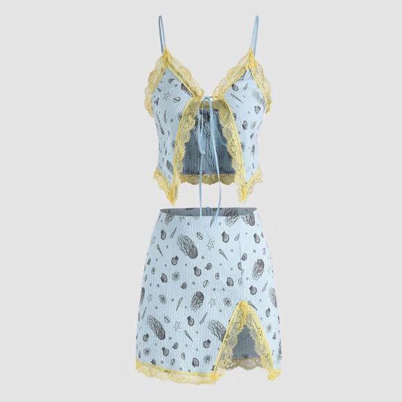 Cider Beachy Sky Blue Crop Tank and Skirt Set with Yellow Lace Y2k Medium - Picture 1 of 9